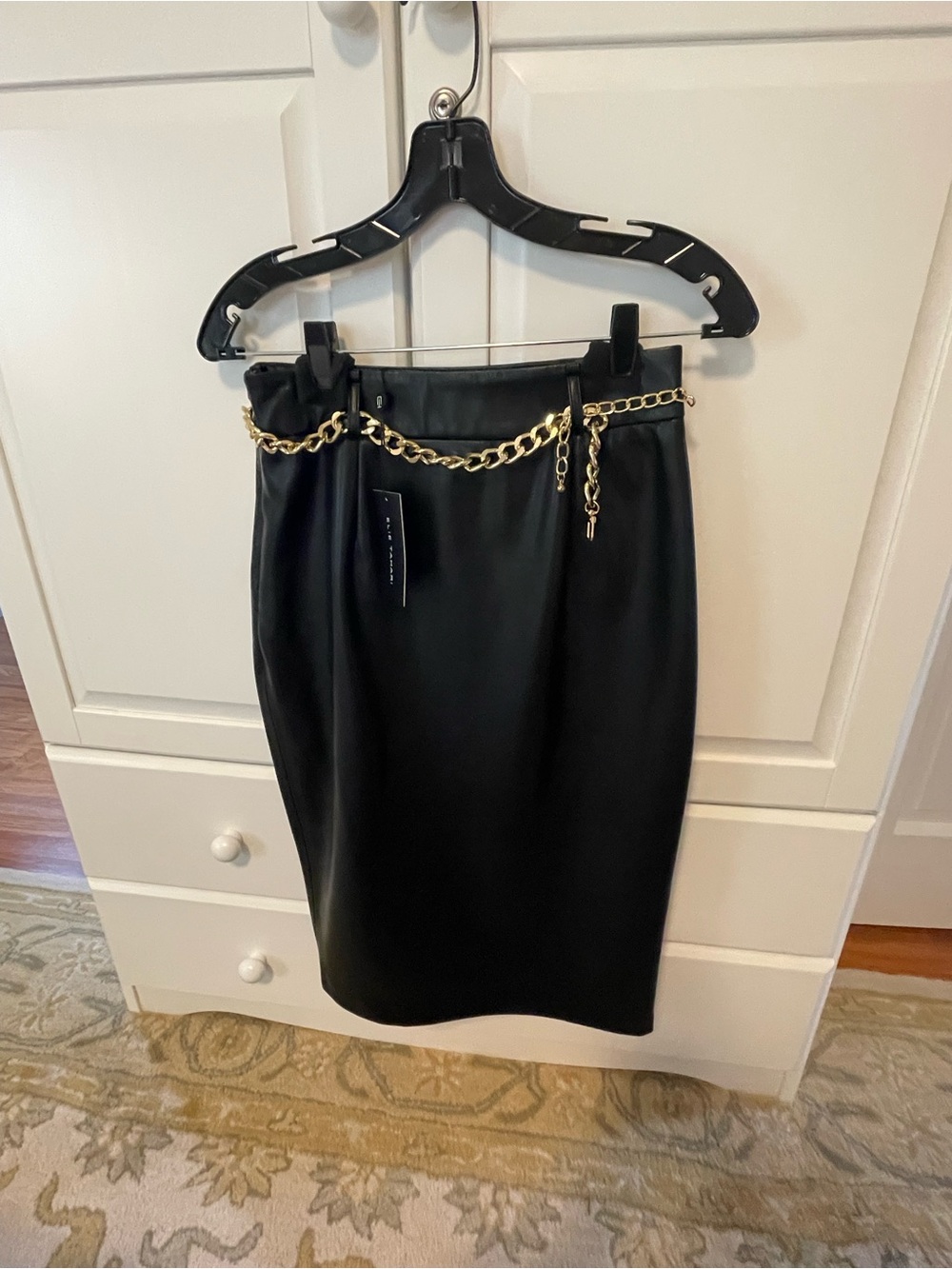 Elie Tahari Black Faux Leather Lined Pencil Skirt with Gold Chain Accent